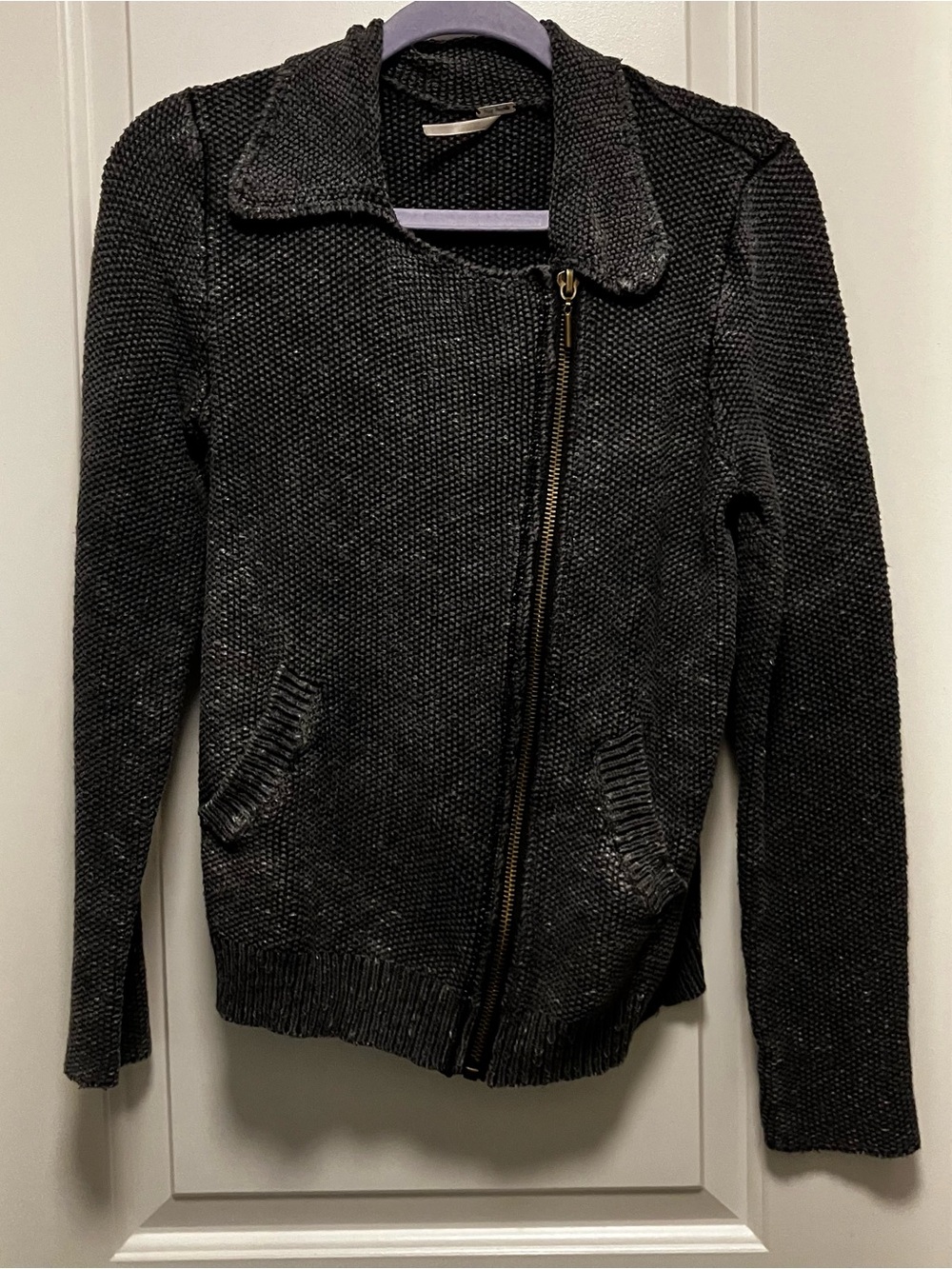 Free People Gray Moto-Style Sweater Jacket - Size Large